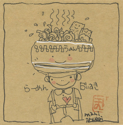Sketch on tan paper of a smiling character with a bowl of ramen atop its head.