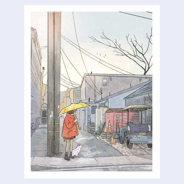 Illustration of a girl in a dress and red raincoat, standing in the rain under a yellow umbrella. A small dog sits near her and they stand at the end of an alleyway.