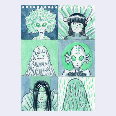 Green and blue watercolor sketch of 6 aliens and blob creatures, each in their own sectioned off panel.