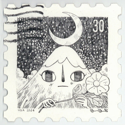 Graphite drawing on a stamp shaped piece of paper of a mountain with a cute cartoon face, holding a flower.