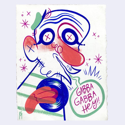Cartoon style drawing of a character with a large pink nose holding a vinyl record and saying "Gabba Gabba Hey!!"