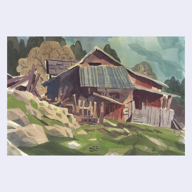 Plein air painting of an old red farmhouse, dilapidated with old wooden fencing. Foreground is a small green slope with rocks. 