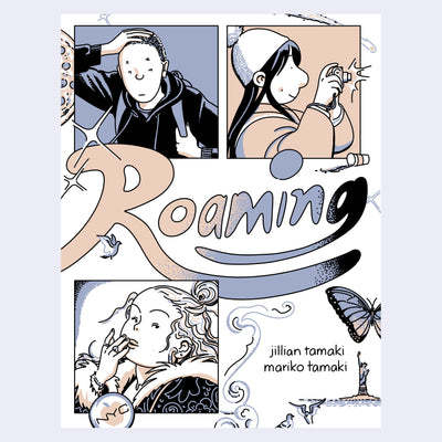 Graphic novel cover for Roaming, with 3 panels of different portraits. The title is written stylistically in the middle.