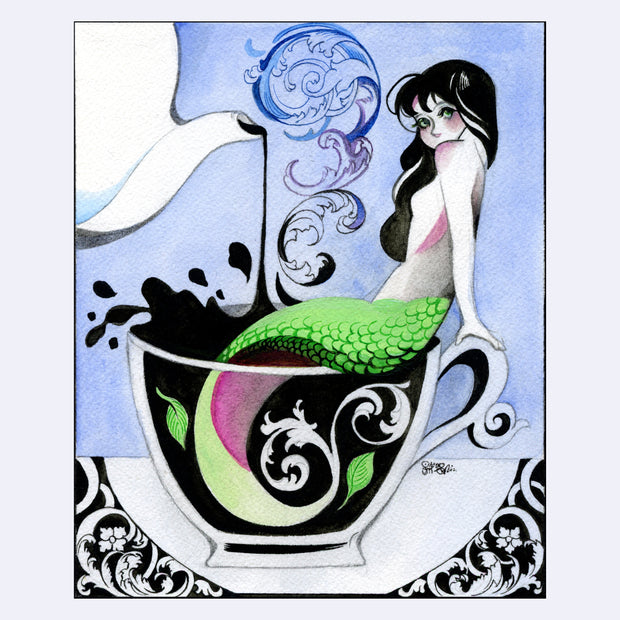 Illustration of a mermaid with long black hair and a green tail sitting in a tea cup, being filled by a large white tea pot.
