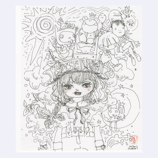 Ink sketch of many characters around a girl with wavy short hair with a banner across her forehead that reads "Sena"