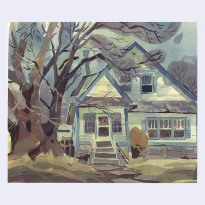 Plein air painting of a white house with blue trim. In its front yard is a large bare tree with many branches.