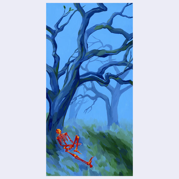 Tall rectangular painting of a foggy blue open forest setting with many branched trees. A red and yellow skeleton rests against one of the tree trunks.