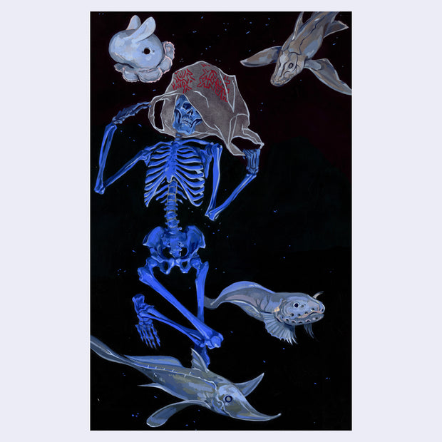 Painting of a blue skeleton floating in very dark, almost black water. It has a plastic bag over its head, held up like a hat and 4 fish swimming around it.