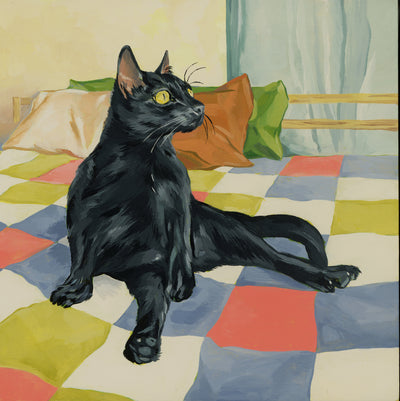 Painting of a black cat, sitting up on a checkered pattern bedspread. It has green eyes and looks off to the side.