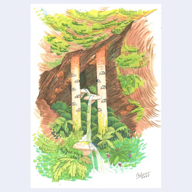 Marker drawing of a fantasy style cave setting, where 2 large windowed pillars emerge from it with a thin waterfall going between them. Lush plants frame the scene.