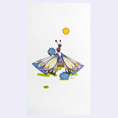 Drawing on white paper of a woman sitting on a log, facing away. She has large butterfly wings, patterned and colored yellow, blue and pink. She holds a large blueberry and looks towards it, with a blueberry resting behind her.
