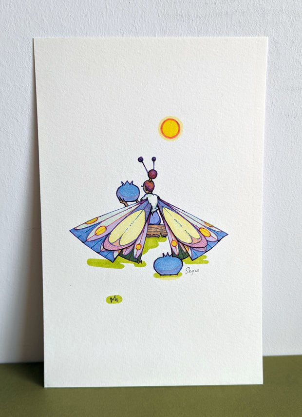 Drawing on white paper of a woman sitting on a log, facing away. She has large butterfly wings, patterned and colored yellow, blue and pink. She holds a large blueberry and looks towards it, with a blueberry resting behind her.