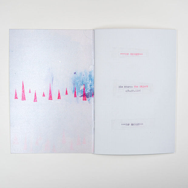 Inside zine spread, with text and illustrations of pink peaks.