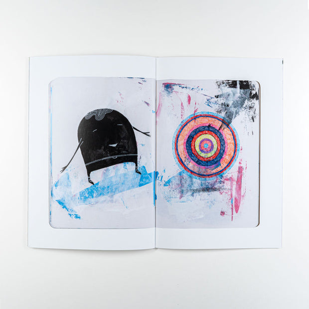 Inside zine spread, featuring paintings of characters and concentric circles.