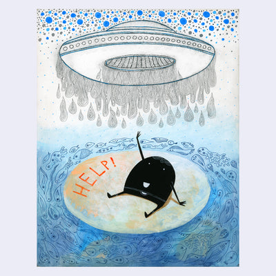 Painting of a black blob man, sitting on a round mass in water. Fish swim around and a UFO hangs above, dropping water droplets down.