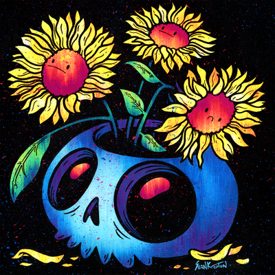 Colorful painting on black background with small red and blue splatters. A stylized blue skull with large hollow eyes and a missing jaw has 3 sunflowers popping out of its head. They have neutral and sad faces.