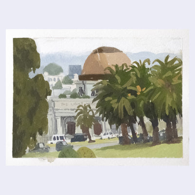 Plein air painting of a large white building with a tan domed roof. Building is mostly obscured by thick palm trees in the foreground.