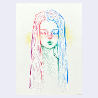 Colorful colored pencil illustration of a girl with long wavy hair, looking slightly off to the side.