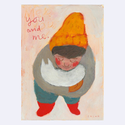 Crayon textured illustration of a person, seen from overhead. They're dressed in winter clothes with an orange beanie and red boots. They hold a white cat curled in their arms.