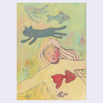 Illustration done with chunky paints of a girl laying down, with a peaceful expression. A cat jumps overhead, looking peaceful as well and fish swim by.