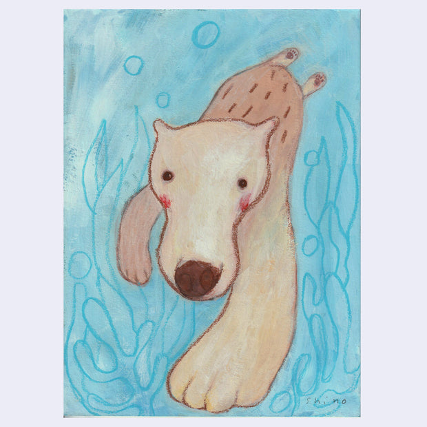 Illustration done with chunky crayons of a polar bear swimming, with its head and front paw larger and in front, as though swimming towards the viewer with a slightly fish eye perspective.