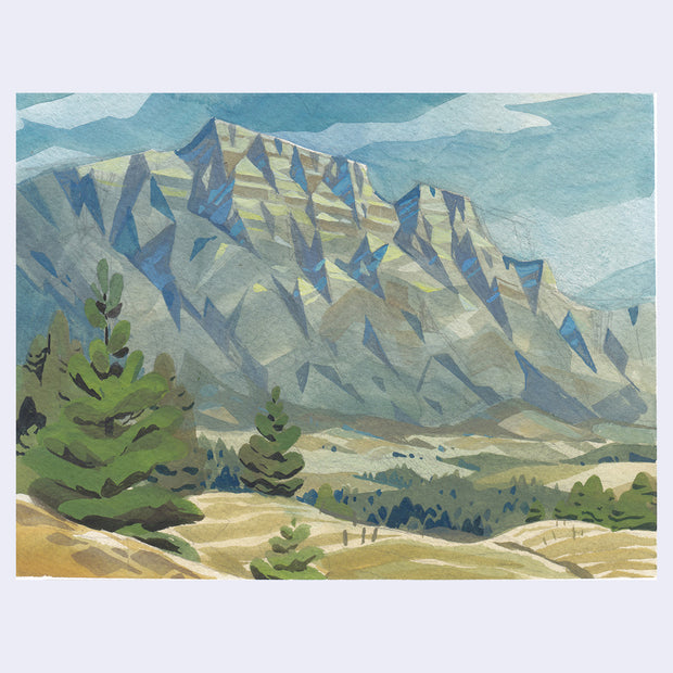 Plein air painting of a large mountain in front of yellow and brown rolling hills with many trees.