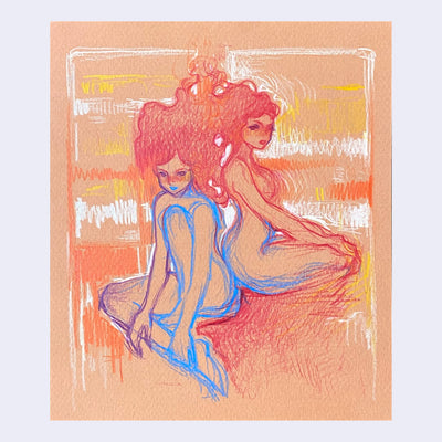 Colored pencil drawing on orange paper of 2 girls, sitting nude back to back. Their hair floats up, joining into one red wavy mass.