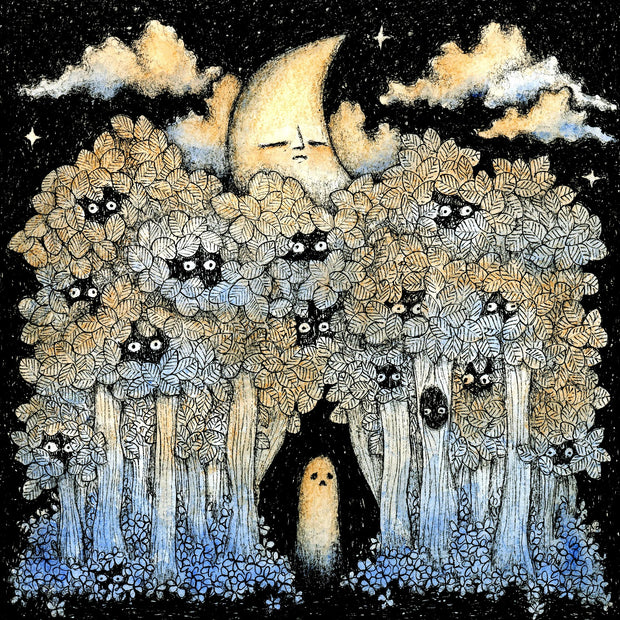 Illustration of a small orange ghost standing in the middle of many trees with eyes peeking out. A large crescent moon hangs overhead.