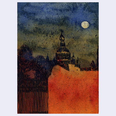 Watercolor painting of a very bright orange building and a dark night sky in the background with a large church's silhouette.