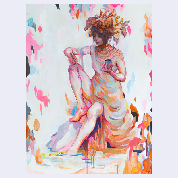 Painting of a girl wearing a dress and sitting on rock and painting her own knee, in colorful concentric designs.