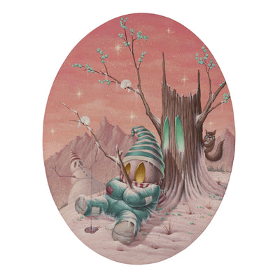 Painting on oval shaped panel of a doll like creature wearing a teal colored pajama set with a striped sleeping cap. It rests against a tree stump in the snow, with a snowman in the background and a muted pink sky.