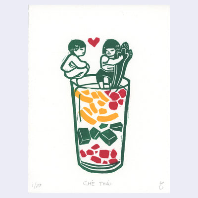 Linocut print of 2 small people sitting atop a cup. One holds a spoon that goes into a fruit cocktail dessert. 