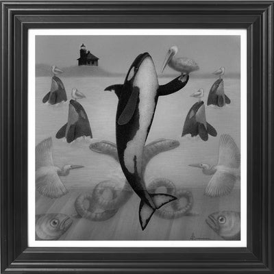 Softly rendered graphite drawing of an orca whale, looking as though its standing up on the tip of its tail. Orcas pop up from the water behind it, as though in sync. Each has a bird atop its head, while the main has a bird on its flipper.