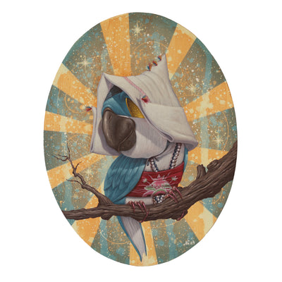 Painting on oval shaped panel of blue bird with a white fabric nurse like hat. Its perched on a bare branch.