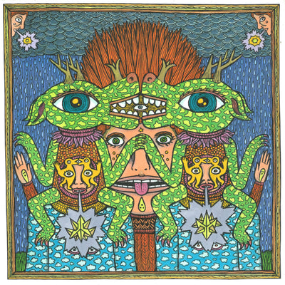 Colorful pen and ink drawing on wood panel of 3 people, with deer like creatures stacked atop of 2 of the people's faces. The creatures are perfect mirrors of one another, facing each other with their mouths touching.  