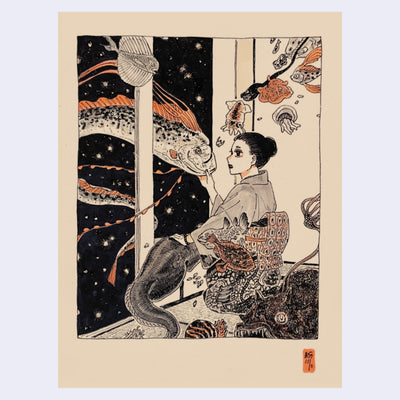 Ink illustration on tan paper of a woman wearing a kimono and sitting on the ground. She is faced towards a large, open window with an oarfish swimming towards her and many smaller fish swimming around.