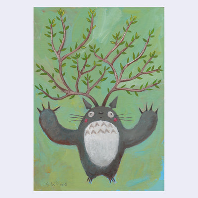 Painting of Totoro, with large arms and sharp claws outreached. Coming out atop his head are branched trees. Background is green with blue undertones.