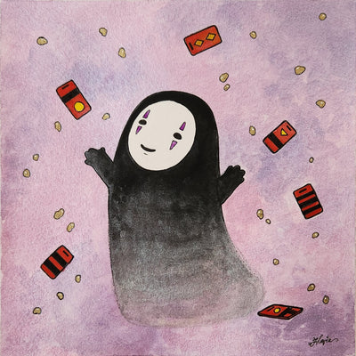 Watercolor painting of No Face from Spirited Away, smiling with his arms up. Red bath tokens and gold nuggets fall from above. Background is a light purple.