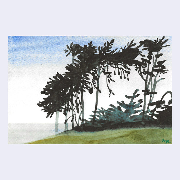 Watercolor landscape painting of a row of silhouetted trees at a beach.