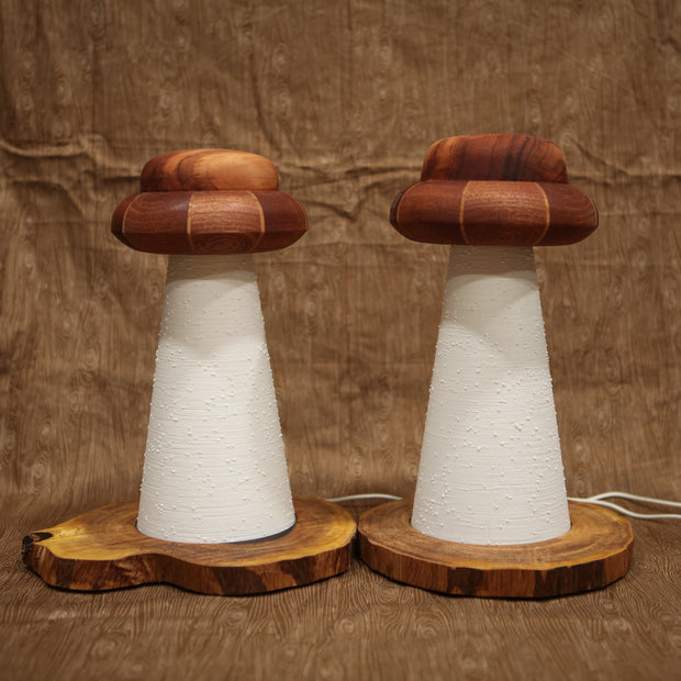 2 wooden lamps, both with UFO shaped tops and conical shaped beams, where light shines through. One lamp has a bean shaped wooden base, the other has a circular wooden base.