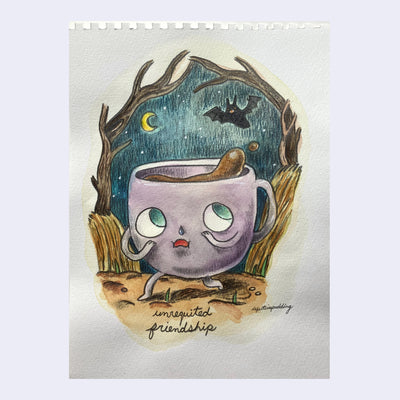 Colored pencil sketch of a purple cup of coffee running through the forest, with a bat chasing it.