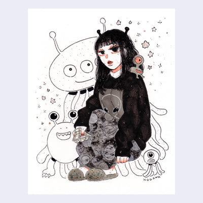 Ink drawing with brownish grey coloring of a girl, wearing alien themed pajamas sitting on the ground and holding a small UFO. Behind her, cartoon line art aliens smile.