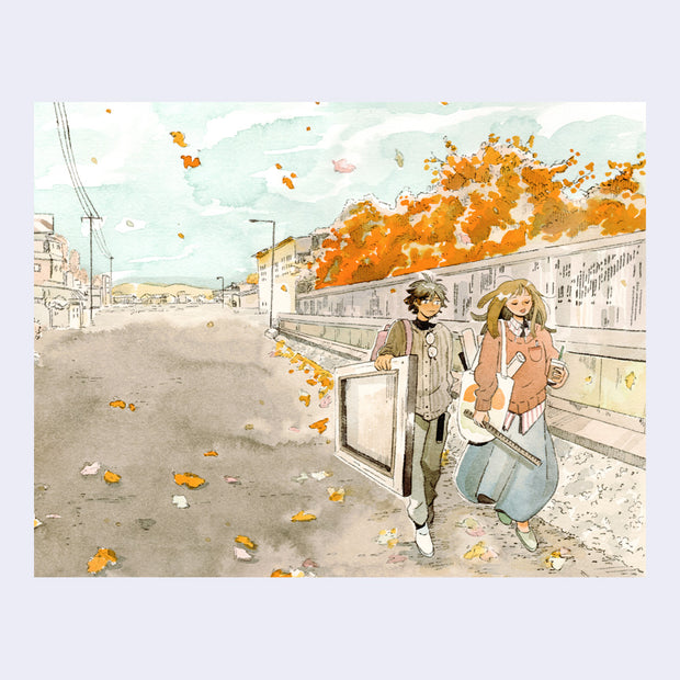 Ink and watercolor illustration of 2 people walking down an open alleyway during fall, with orange trees shedding leaves in the wind. One holds a large canvas and listens and the other talks and has a tote bag with rolls of canvas.