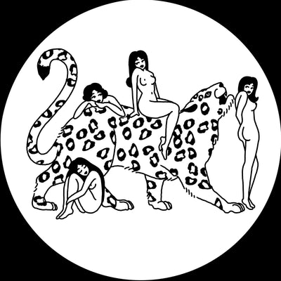 Black ink line art illustration of a leopard, with 4 nude women surrounding it .