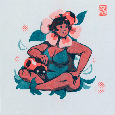 Red and blue ink risograph print on light blue paper of a tan woman sitting on the floor with legs crosses. Around her head is a flower collar and atop her head is a large ladybug. Another one sits in her lap.