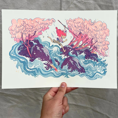 Risograph print of a girl running atop of a wild river, holding a spear.