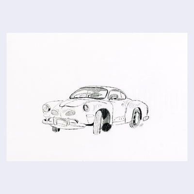 Pencil drawing on white paper of a vintage looking car, with the front wheel turned out.