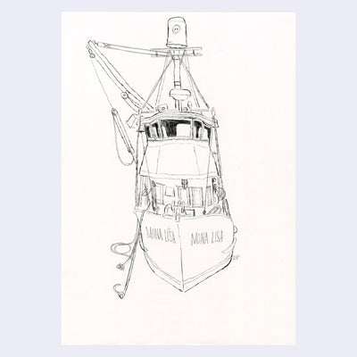 Pencil drawing on white paper of the front of a boat with "Mona Lisa" written on each side.