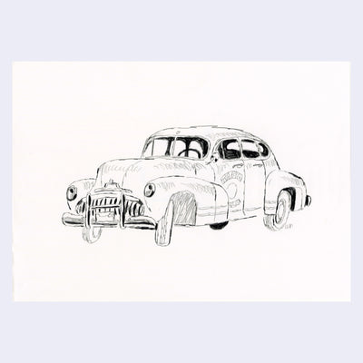 Pencil drawing on white paper of a vintage style car with text on the side that reads "Taco LLC"