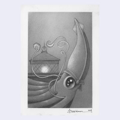 Softly rendered graphite sketch of a squid swimming with a lighthouse or lantern behind it.